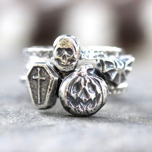 Halloween Ring Sterling Silver Halloween Jewelry Skull Ring Coffin Ring Bat Ring Pumpkin Ring Witch Ring Witch Jewelry Stacking Rings