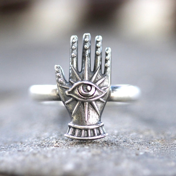 Eye Ring Sterling Silver Evil Eye Ring All Seeing Eye Ring Hand Ring Witch Ring Silver Witch Jewelry Mystic Ring Mystic Hand Ring