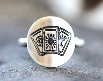 Sterling Silver Tarot Ring Tarot Cards Ring Witch Ring Pentacle Ring Moon Ring Sun Ring Celestial Ring Magic Ring Mystic Ring