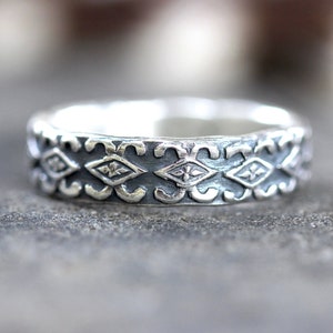 Sterling Silver Stacking Ring Silver Thumb Ring Diamond Pattern Ring Thick Ring Band Thick Silver Ring Silver Flower Band Stackable Rings