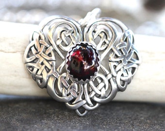 Celtic Heart Necklace Sterling Silver Heart Necklace Garnet Necklace Celtic Jewelry Silver Heart Pendant Celtic Knot Necklace Silver Heart