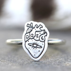Sterling Silver Heart Ring Anatomical Heart Ring Celestial Ring Moon Phase Ring Witch Ring Mystic Ring Zodiac Ring Tarot Ring Astrology Ring