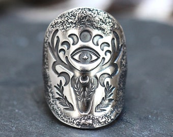 Sterling Silver Deer Ring Shield Ring Evil Eye Ring Deer Skull Ring Silver Moon Phase Ring Celestial Ring Silver Antlers Ring Witch Ring