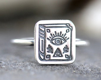 Witch Book Ring Sterling Silver Witch Ring Evil Eye Ring Witchcraft Ring Grimoire All Seeing Eye Ring Magic Book Ring Silver Book of Shadows