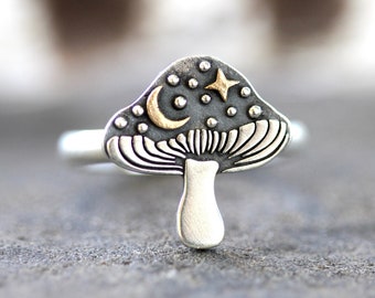 Mushroom Ring Sterling Silver Mystic Mushroom Ring Moon Ring Star Ring Celestial Ring Witch Ring Moon and Stars Ring Magic Mushroom Ring