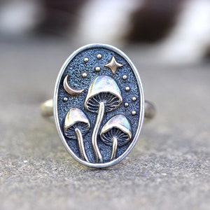 Mushroom Ring Sterling Silver Mystic Mushroom Ring Moon Ring Star Ring Celestial Ring Witch Ring Moon and Stars Ring Magic Mushroom Ring