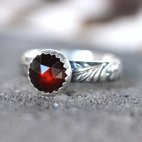 Silver Garnet Ring Sterling Silver Garnet Ring January Birthstone Rose cut Garnet Ring Silver Stacking Ring Silver Flower Band Floral Ring