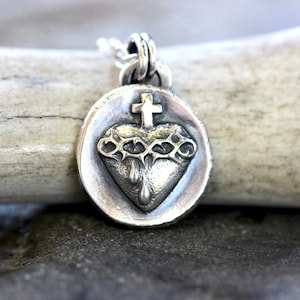 Sacred Heart Necklace Sterling Silver Sacred Heart of Jesus Catholic Jewelry Sacred Burning Heart Milagro Heart Thorn Heart Sacre Couer