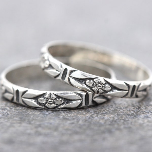 Sterling Silver Stacking Ring Thin Silver Ring Art Nouveau Flower Ring Band Silver Flower Ring Dainty Silver Ring Silver Stacking Ring