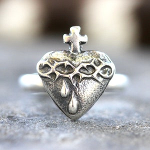 Sacred Heart Ring Sterling Silver Sacred Heart of Jesus Catholic Jewelry Sacred Burning Heart Milagro Heart Thorn Heart Sacre Couer