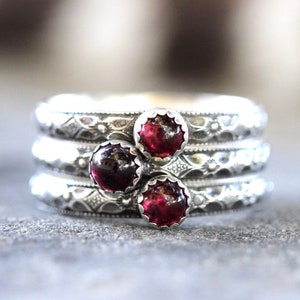 Garnet Ring Sterling Silver Garnet Stacking Ring One Ring Art Nouveau Ring Floral Ring Band Silver Ring Garnet Jewelry January Birthstone