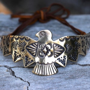 Stamped Brass Hawk Necklace Bird Choker Necklace Brass and Leather Thunderbird Necklace Bird Costume Necklace
