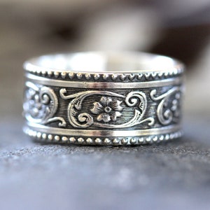 Sterling Silver Thumb Ring Wide Ring Band Silver Floral Ring Band Sterling Silver Stacking Ring Thick Ring Band Flower Ring Pattern Ring