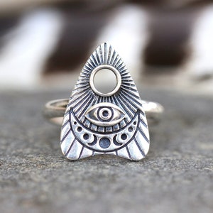 Planchette Ring Sterling Silver Witch Ring Celestial Ring Evil Eye Ring Witch Jewelry Silver Witch Ring All Seeing Eye Ring Moon Phase Ring