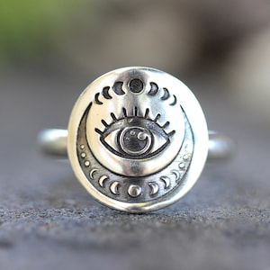 Sterling Silver Moon Ring Celestial Ring Moon Phase Ring Evil Eye Ring Witch Ring  Crescent Moon Ring Sterling Silver All Seeing Eye Ring