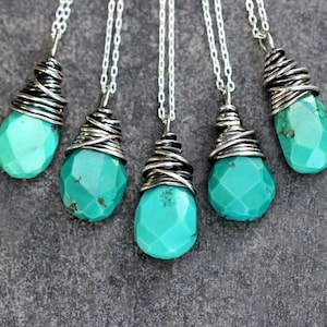 Sterling Silver Turquoise Necklace Wire Wrapped Stone Necklace Silver Turquoise Jewelry Turquoise Teardrop Necklace