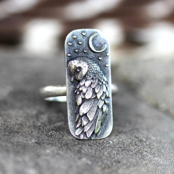 Owl Ring Sterling Silver Moon Owl Ring Barn Owl Ring Owl Jewelry Witch Ring Witch Jewelry Celestial Owl Ring Moon Ring Barn Owl Jewelry