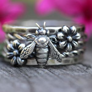 Silver Stacking Ring Set Sterling Silver Stacking Rings Stackable Rings Sterling Silver Rings Bee Ring Bee Jewelry Sterling Flower Ring