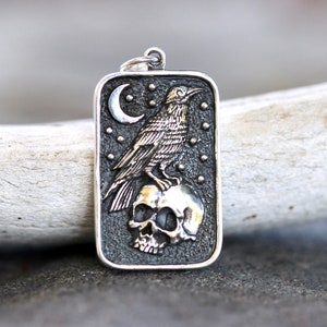 Raven Charm Sterling Silver Raven Pendant Skull Necklace Witch Necklace Witch Jewelry Halloween Pendant Silver Crow Pendant Raven and Skull