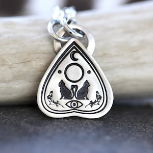 Silver Cat Ouija Necklace Planchette Necklace Evil Eye Necklace Moon Necklace Witch Jewelry Celestial Jewelry Mystic Necklace Cat Lover