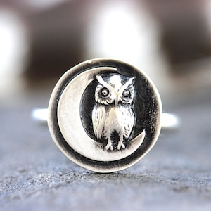 Owl Ring Sterling Silver Owl Ring Silver Moon Ring Witch Ring Moon Owl Ring Celestial Ring Woodland Ring Forest Ring Witch Ring Owl Jewelry