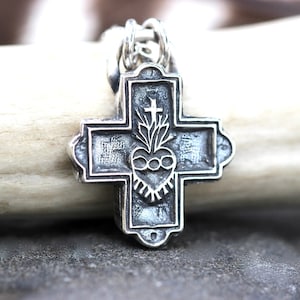 Sterling Silver Sacred Heart Necklace Christian Necklace Flaming Heart Cross Necklace Sacred Heart Milagro Sagrado Corazon Catholic Jewelry