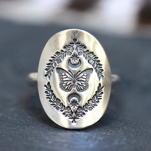 Bague papillon en argent sterling Bague tendance en argent Bijoux papillon Bague fougère Bague céleste Bague papillon lune Bague bouclier en argent
