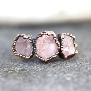 Raw Rose Quartz Ring Rose Quartz Jewelry Triple Stone Ring Three Stone Ring Multi Stone Ring Raw Crystal Ring Raw Stone Ring Heart Chakra