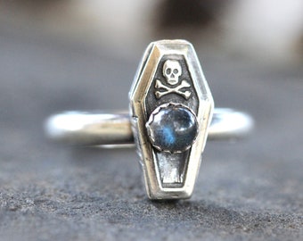 Silver Coffin Ring Sterling Silver Coffin Ring Labradorite Ring Skull and Crossbones Ring Halloween Ring Silver Skull Ring Witch Ring Garnet