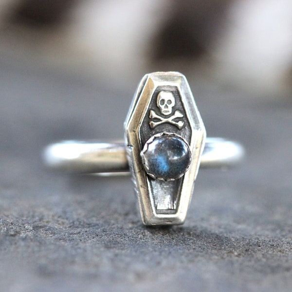 Silver Coffin Ring Sterling Silver Coffin Ring Labradorite Ring Skull and Crossbones Ring Halloween Ring Silver Skull Ring Witch Ring Garnet