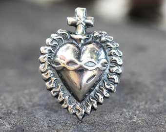 Sacred Heart Ring Sterling Silver Sacred Heart of Jesus Milagro Ring Flaming Heart Sacred Burning Heart Catholic Jewelry Sagrado Corazon