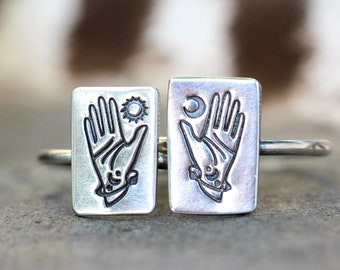 Sterling Silver Tarot Ring Witch Ring Silver Hand Ring Occult Ring Moon Ring Sun Ring Celestial Ring Celestial Jewelry