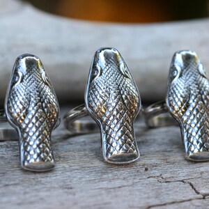May include: Three silver snake head rings. The rings are detailed with scales and have a realistic snake head design.