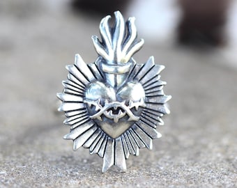 Silver Sacred Heart Ring Sterling Silver Sacred Burning Heart Ring Milagro Ring Sacred Heart of Jesus Flaming Heart Ring Sagrado Corazon