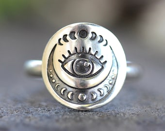 Sterling Silver Moon Ring Celestial Ring Moon Phase Ring Evil Eye Ring Witch Ring  Crescent Moon Ring Sterling Silver All Seeing Eye Ring