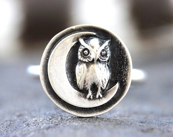 Owl Ring Sterling Silver Owl Ring Silver Moon Ring Witch Ring Moon Owl Ring Celestial Ring Woodland Ring Forest Ring Witch Ring Owl Jewelry