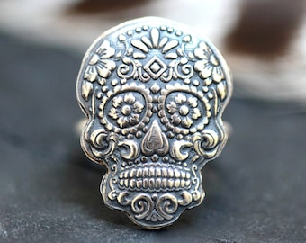 Sugar Skull Ring Sterling Silver Skull Ring Calavera Ring Halloween Ring Statement Ring Day of the Dead Ring Dios De Los Muertos