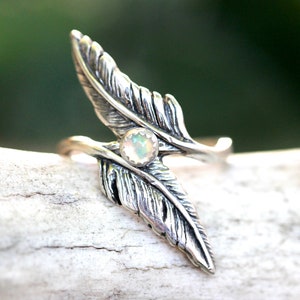 Silver Feather Ring Feather Wrap Ring Sterling Silver Opal Ring Wrap Around Ring Feather Rings Ethiopian Opal Ring