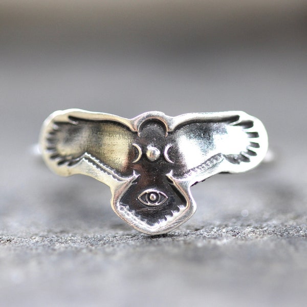 Sterling Silver Raven Ring Celestial Ring Moonphase Ring Crow Ring Evil Eye Ring Hawk Ring Silver Witch Ring Witch Jewelry Triple Moon Ring