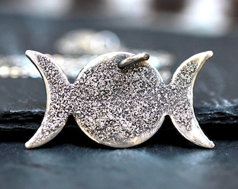 Collar de luna de plata esterlina, collar de fases lunares, collar con colgante celestial, collar de fases lunares de polvo de plata, collar de triple luna wiccan