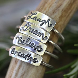 Silver Word Rings, Breathe Ring, Word Rings, Just Breathe, Inspirational Jewelry, Silver Stacking Rings, Inspirational Womens Gift
