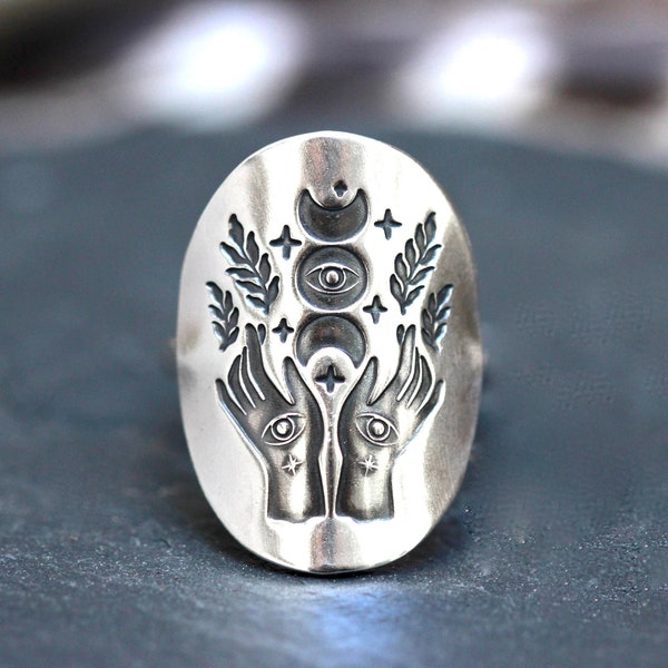 Sterling Silver Victorian Hands and Evil Eye Ring — Celestial Shield Ring, Witchcore Jewelry