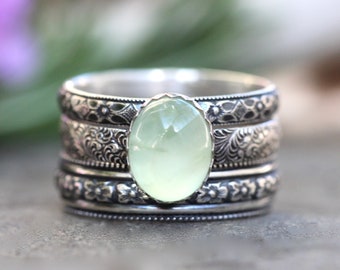 Prehnite Ring Stacking Ring Set Sterling Silver Prehnite Ring Prehnite Jewelry Stackable Rings
