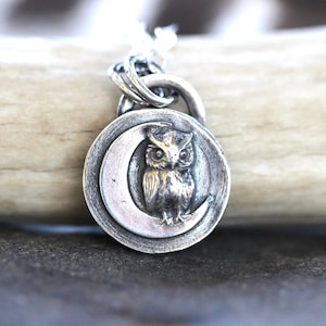 Owl Necklace Sterling Silver Moon Necklace Witch Necklace Moon Owl Celestial Necklace Woodland Forest Owl Jewelry Little Owl Necklace