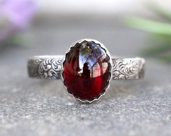 Silver Garnet Ring Sterling Silver Garnet Ring January Birthstone Silver Stacking Ring Silver Flower Band Floral Ring