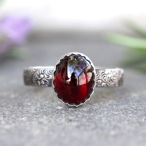 Silver Garnet Ring Sterling Silver Garnet Ring January Birthstone Silver Stacking Ring Silver Flower Band Floral Ring