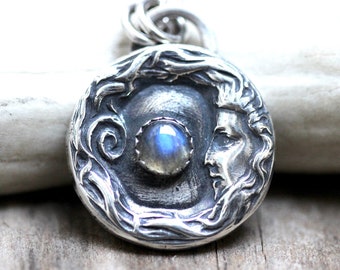 Sterling Silver Moon Necklace Crescent Moon Pendant Moon Face Necklace Celestial Necklace Celestial Jewelry Tarot Necklace Antique Moon