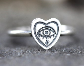 Sterling Silver Eye Ring Crying Heart Ring Grief Ring Evil Eye Ring Crying Eye Ring Heart Eye Ring All Seeing Eye Ring Tear Eye Ring