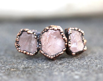 Raw Rose Quartz Ring Rose Quartz Jewelry Triple Stone Ring Three Stone Ring Multi Stone Ring Raw Crystal Ring Raw Stone Ring Heart Chakra