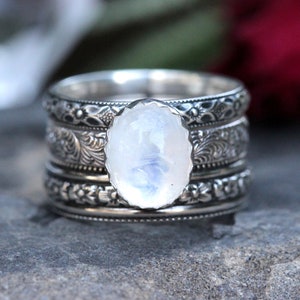 Rainbow Moonstone Ring, Moonstone Ring Set, Sterling Silver Moonstone Ring image 1